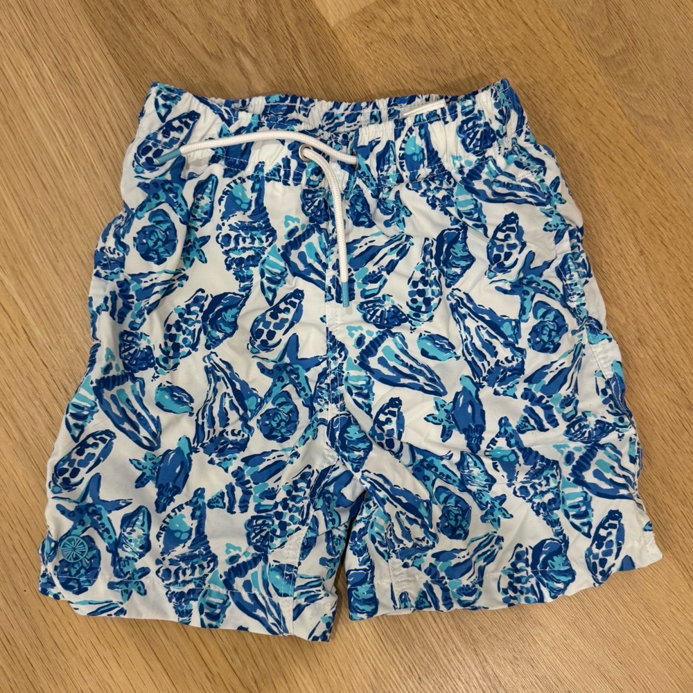 Lilly Pulitzer Blue and White Kids Swim Trunks